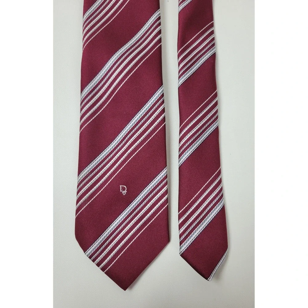 Christian Dior Mens Burgundy Striped Silk Blend Necktie Vintage Logo Tie